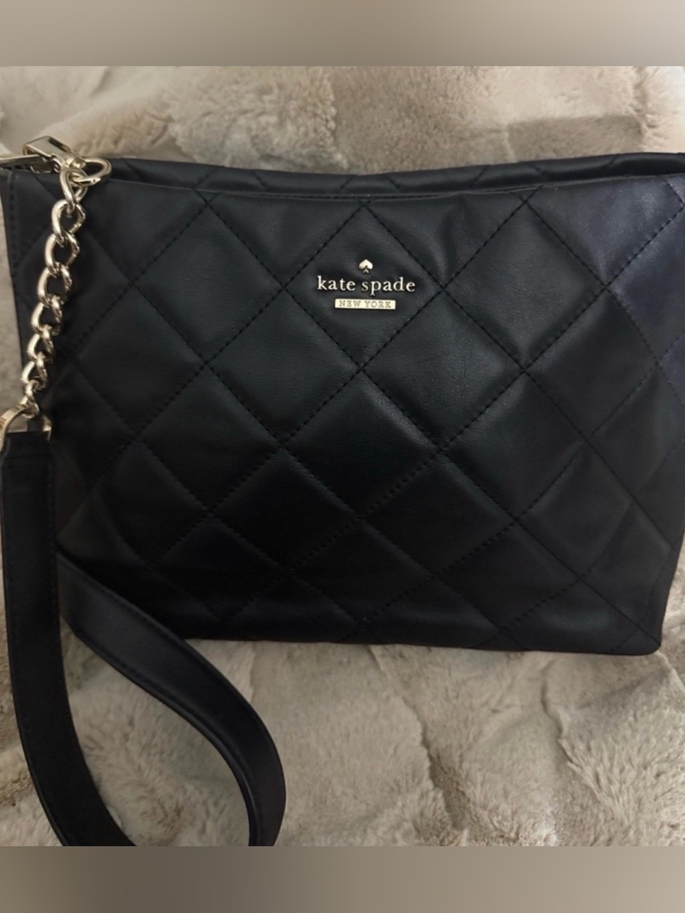 kate spade EUC Black Quilted Leather Crossbody Bag Gold Chain Accent